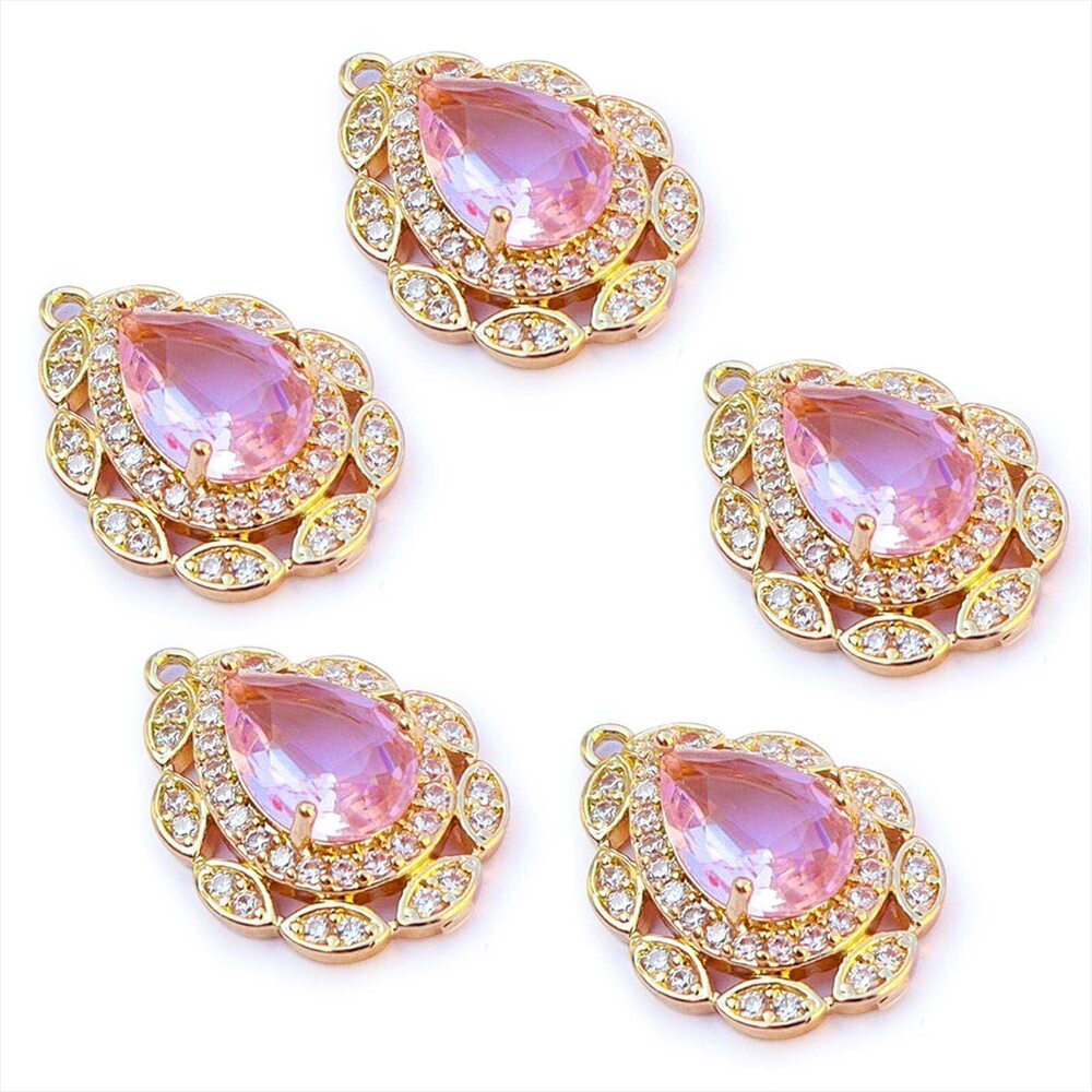 7136 5Pcs Teardrop Beads Pink Zircon Glass Crystal Waterdrop Charms Gold